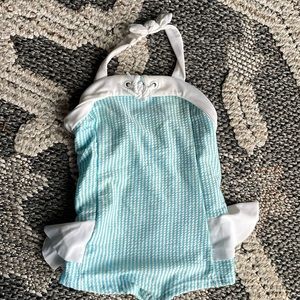 Blue teal and white striped 6-9 months swimsuit Jane and Jack